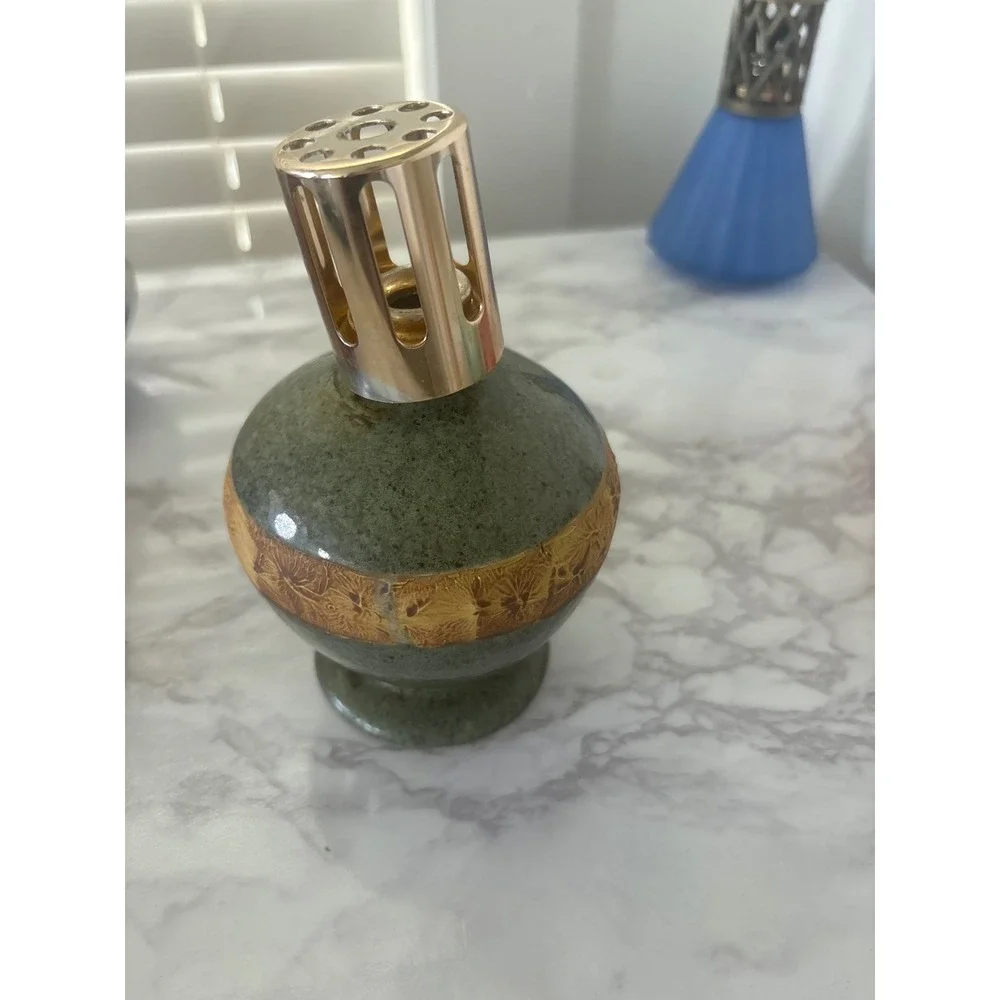 Vintage Ceramic Fragrance Lamp Green Floral Gold Diffuser Cap